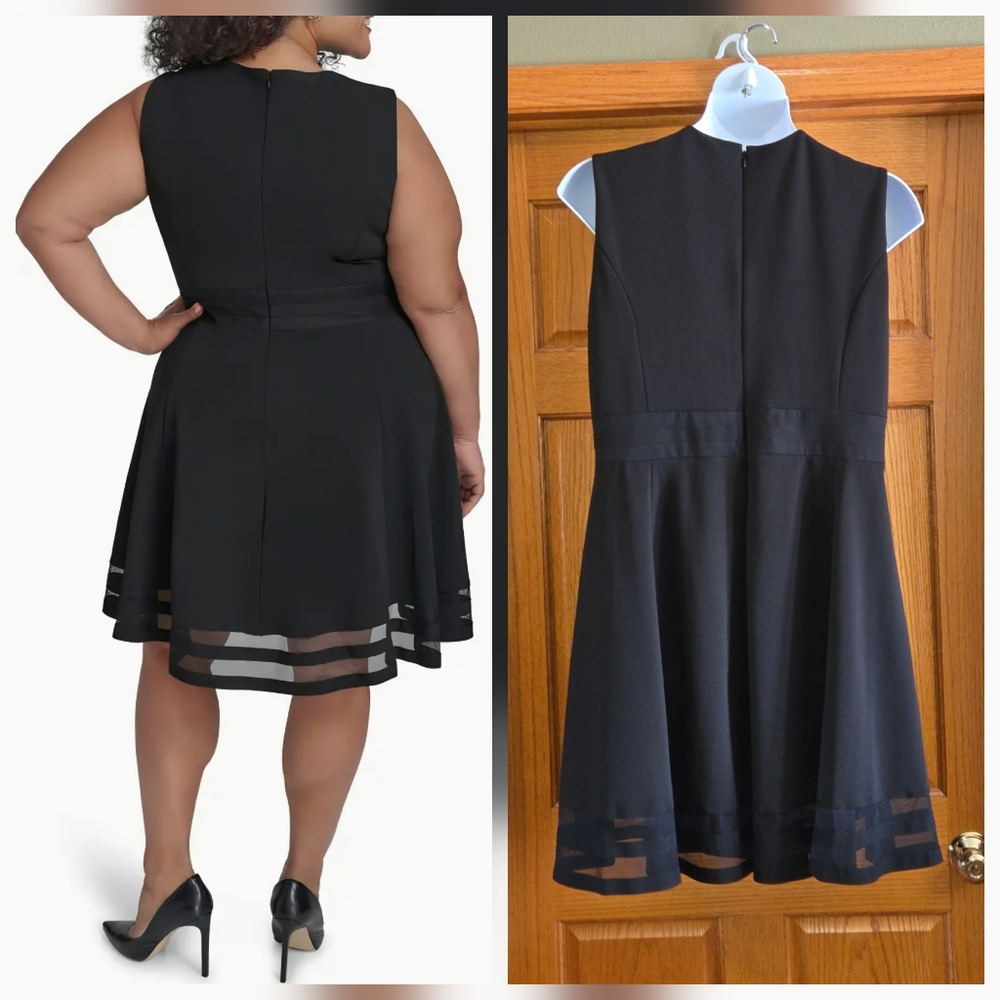 Calvin Klein Black Sleeveless Dress Illusion Fit n Flare Mesh Hem Plus Sz 20 W - Picture 2 of 9